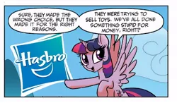 Size: 714x418 | Tagged: safe, derpibooru import, edit, idw, twilight sparkle, twilight sparkle (alicorn), alicorn, pony, spoiler:comic, spoiler:comic23, background pony strikes again, dialogue, drama, drama bait, female, hasbro, logo, lucifer hasbro, mare, speech bubble, twilight justifies evil meme