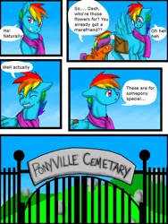 Size: 1200x1600 | Tagged: safe, artist:tristanjsolarez, derpibooru import, rainbow dash, scootaloo, pegasus, pony, comic:trans ponies, cemetery, clothes, comic, duo, female, filly, male, misspelling, saddle bag, scarf, speech bubble, stallion, transgender