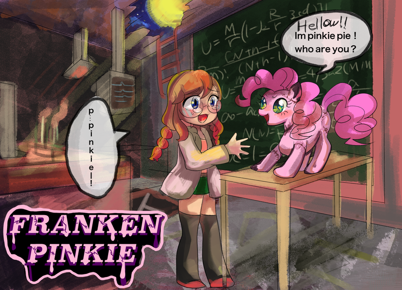 Size: 1300x937 | Tagged: artist:marihico, chalkboard, crossover, cute, daaaaaaaaaaaw, derpibooru import, frankenstein, grimcute, human, pinkie pie, scientist, semi-grimdark