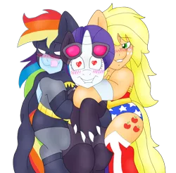 Size: 1700x1674 | Tagged: safe, artist:blackbewhite2k7, derpibooru import, applejack, rainbow dash, rarity, batman, catwoman, commission, female, lesbian, raridash, rarijack, rarijackdash, shipping, snuggling, wonder woman