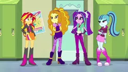 Size: 1280x720 | Tagged: safe, derpibooru import, screencap, adagio dazzle, aria blaze, sonata dusk, sunset shimmer, equestria girls, rainbow rocks, eyes on the prize, female, frown, gem, grin, lidded eyes, raised eyebrow, siren gem, smiling, the dazzlings, varying degrees of want, wide eyes