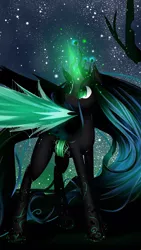 Size: 640x1136 | Tagged: artist:vardastouch, changeling, changeling queen, cropped, derpibooru import, edit, female, glowing horn, impossibly long hair, long hair, long mane, long tail, night, queen chrysalis, safe, solo, stars