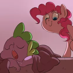 Size: 1024x1024 | Tagged: artist:imsokyo, ask, daily sleeping spike, derpibooru import, eyes closed, open mouth, pinkie pie, safe, sleeping, smiling, snoring, soon, spike, tumblr