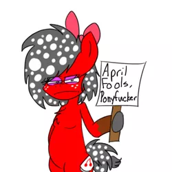 Size: 600x600 | Tagged: angry, april fools, artist:thecherrysodaaskblog, breasts, chestbreasts, derpibooru import, disappointed, frown, hair bow, misplaced boobs, oc, oc:cherry soda, safe, sign, tumblr:thecherrysodaaskblog, unofficial characters only, vulgar