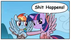 Size: 763x437 | Tagged: safe, derpibooru import, edit, idw, rainbow dash, twilight sparkle, twilight sparkle (alicorn), alicorn, pegasus, pony, spoiler:comic, spoiler:comic23, female, mare, meme, twiface, twilight justifies evil meme, vulgar