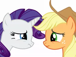 Size: 1024x768 | Tagged: safe, artist:birdivizer, derpibooru import, applejack, rarity, looking, nose wrinkle, rarijack, sad, scrunchy face, shipping, upset