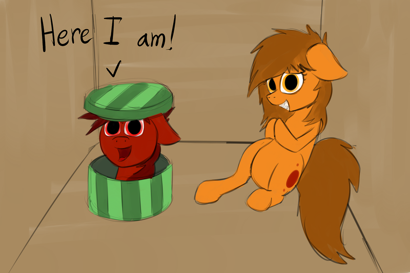 Size: 1280x853 | Tagged: artist:marsminer, box, derpibooru import, here i am, idiot box, marspring, oc, oc:mars miner, oc:venus spring, safe, smiling, spongebob squarepants, unofficial characters only