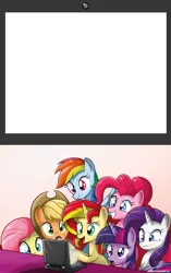 Size: 1458x2322 | Tagged: safe, derpibooru import, applejack, fluttershy, pinkie pie, rainbow dash, rarity, sunset shimmer, twilight sparkle, twilight sparkle (alicorn), alicorn, pony, computer, exploitable meme, female, laptop computer, mane six, mare, meme, template, what's on the laptop sunset?