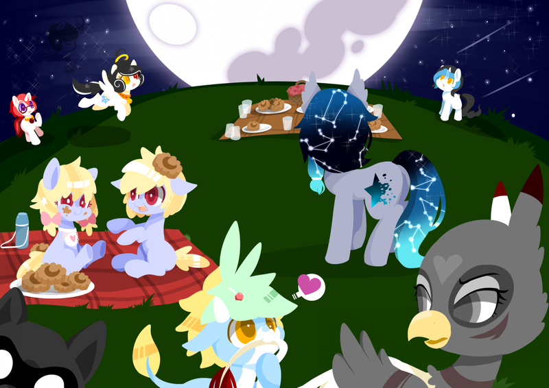 Size: 1201x850 | Tagged: safe, artist:snow angel, derpibooru import, oc, oc:black ink, oc:snow angel, oc:starry, unofficial characters only, gryphon, bell, bell collar, collar, cookie, digital art, heterochromia, interspecies offspring, mare in the moon, mid-autumn festival, moon, mooncake, picnic, pixiv