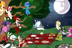 Size: 2000x1333 | Tagged: artist:snow angel, cookie, dango, deadpool, derpibooru import, grill, mare in the moon, mid-autumn festival, mochi, moon, mooncake, oc, oc:black ink, oc:love, oc:miss bat, picnic, pixiv, ponified, safe, unofficial characters only