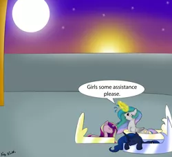 Size: 6040x5506 | Tagged: absurd resolution, artist:bigrinth, derpibooru import, eyes closed, hoof shoes, magic, micro, moon, princess cadance, princess celestia, princess luna, prone, safe, shrunk, shrunklestia, sleeping, sunrise, sweatdrops, tiny