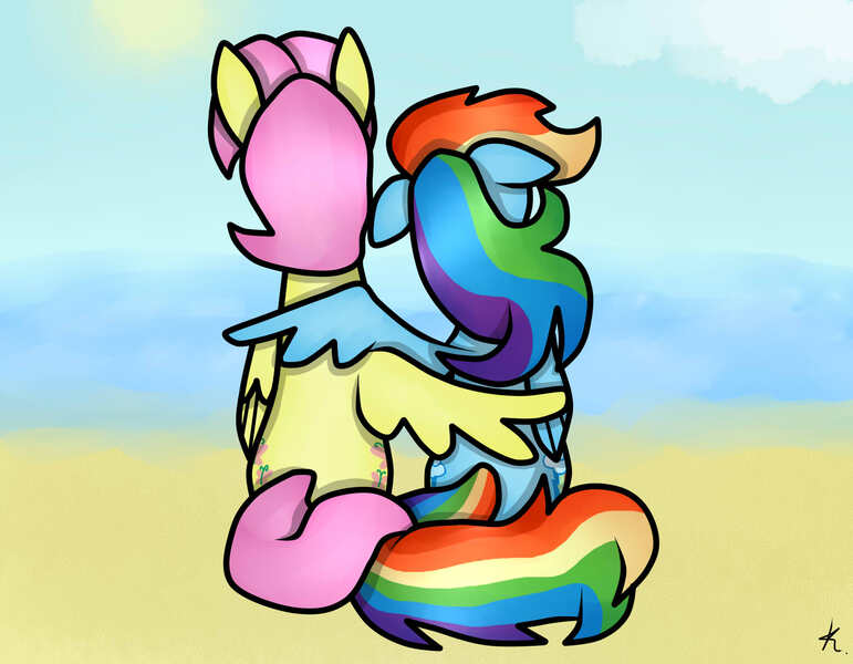 Size: 1800x1400 | Tagged: artist:kikirdcz, beach, butterdash, butterscotch, derpibooru import, female, fluttershy, half r63 shipping, hug, male, rainbow dash, rule 63, safe, shipping, straight, winghug