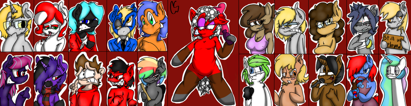 Size: 3500x900 | Tagged: safe, artist:thecherrysodaaskblog, derpibooru import, derpy hooves, oc, oc:burger time, oc:cherry soda, oc:fuckstorm, oc:georgia lockheart, oc:honey dip, oc:peppermint pattie, latex pony, pegasus, pony, tumblr:thecherrysodaaskblog, female, followers, goombells, mare, pepsi pony, see-through, tumblr