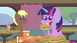 Size: 640x356 | Tagged: safe, artist:mrponiator, derpibooru import, coco crusoe, twilight sparkle, twilight sparkle (alicorn), alicorn, pony, twilight time, :t, animated, cringing, disgusted, eating, female, frown, gif, gritted teeth, hay burger, mare, pointy ponies, smiling, that pony sure does love burgers, this will end in weight gain, twilight burgkle, what i learned today, youtube link