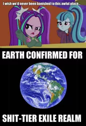 Size: 600x877 | Tagged: safe, derpibooru import, aria blaze, sonata dusk, equestria girls, rainbow rocks, banished, earth, exile, female, gem, image macro, meme, siren gem