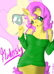 Size: 803x1098 | Tagged: anthro, artist:fiji-firefox, bra strap, clothes, cutie mark, derpibooru import, fluttershy, off shoulder, pegasus, safe, skirt, solo, sweater, sweatershy