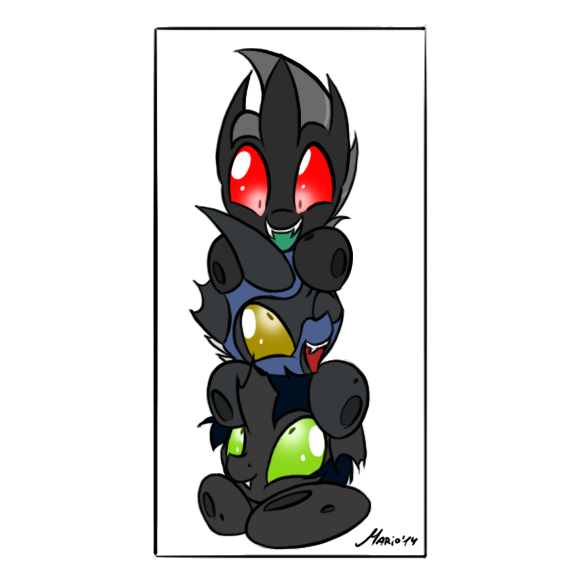 Size: 586x586 | Tagged: artist:srmario, changeling, changeling oc, derpibooru import, green changeling, green eyes, laughing, oc, oc:reinflak, red changeling, red eyes, safe, simple background, traffic light, unofficial characters only, white background, yellow changeling, yellow eyes