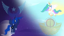 Size: 1100x619 | Tagged: safe, artist:srmario, derpibooru import, princess celestia, princess luna, alicorn, pony, civil war, equestrian civil war, happy face, lunar republic, moon, solar empire, sun, sun vs moon, wallpaper, war