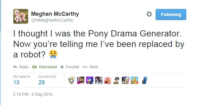 Size: 640x340 | Tagged: derpibooru import, meghan mccarthy, pony drama generator, safe, self deprecation, text, twitter