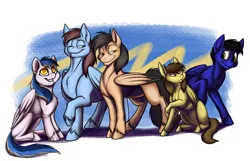 Size: 1000x643 | Tagged: safe, artist:foxenawolf, derpibooru import, oc, oc:calm wind, oc:playbitz, oc:rivet, oc:shine struck, oc:swift justice, unofficial characters only, friends, fun, group, pegasus posse, shinejustice, silly