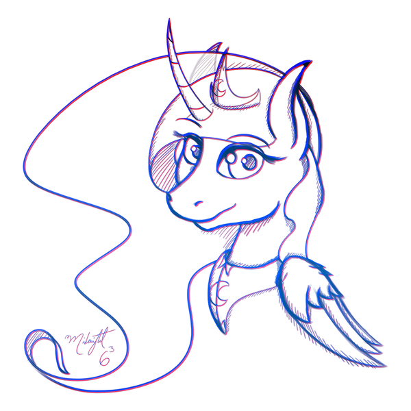 Size: 1000x1000 | Tagged: safe, artist:midnightsix3, derpibooru import, princess luna, lunadoodle, curved horn, monochrome, solo