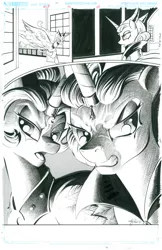 Size: 900x1391 | Tagged: safe, artist:andypriceart, derpibooru import, idw, princess celestia, princess luna, alicorn, pony, spoiler:comic, spoiler:comic19, angry, evil celestia, evil luna, evil sisters, flying, grayscale, growling, lidded eyes, monochrome, open mouth, spread wings, wings