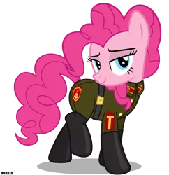 Size: 3000x3100 | Tagged: artist:a4r91n, bedroom eyes, clothes, communism, derpibooru import, looking at you, military uniform, pinkie pie, pose, safe, sergeant, simple background, soviet, transparent background, uniform, vector