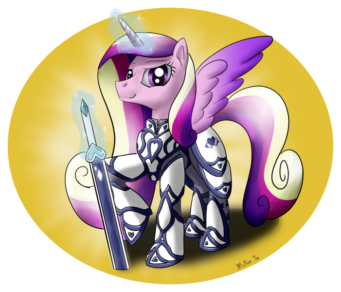 Size: 2950x2526 | Tagged: armor, artist:mcnum, derpibooru import, magic, princess cadance, safe, smiling, smirk, solo, spread wings, sword