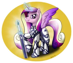 Size: 2950x2526 | Tagged: armor, artist:mcnum, derpibooru import, magic, princess cadance, safe, smiling, smirk, solo, spread wings, sword