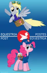 Size: 600x928 | Tagged: safe, artist:neko-kun67, derpibooru import, derpy hooves, pinkie pie, ponified, pegasus, pony, bilingual, canada, canada post, clothes, female, french, hat, mail, mailbag, mailmare, mare, parody, polo shirt