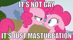 Size: 958x537 | Tagged: suggestive, derpibooru import, edit, edited screencap, screencap, pinkie pie, earth pony, pony, too many pinkie pies, bedroom eyes, boop, caption, clone, female, image macro, implied masturbation, lesbian, meme, noseboop, pinkie clone, robot chicken, self ponidox, selfcest, shipping