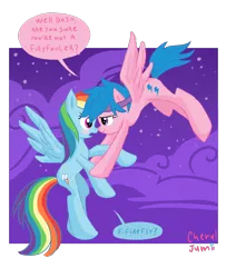 Size: 1300x1600 | Tagged: safe, artist:cheryl-jum, derpibooru import, firefly, rainbow dash, pegasus, pony, comic:dash academy, blushing, dashfly, duo, female, flying, g1, headband, lesbian, mare, shipping