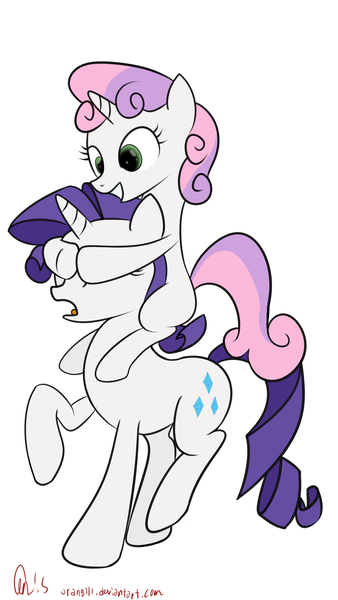 Size: 1836x3264 | Tagged: safe, artist:orang111, derpibooru import, rarity, sweetie belle, pony, covering eyes, duo, guess who, ponies riding ponies, prank, riding, simple background, sisters, white background