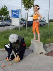 Size: 1500x2000 | Tagged: apple, applejack, barefoot, basket, bottle, bow down, car, concrete, convention, cosplay, derpibooru import, feet, grass, hand, hat, hatake kakashi, human, irl, irl human, kneeling, naruto, parking lot, photo, rope, safe, sign, slave, tree, wig