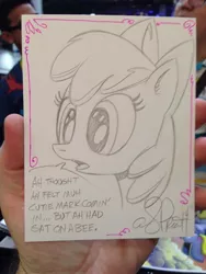 Size: 768x1024 | Tagged: safe, artist:andypriceart, derpibooru import, apple bloom, earth pony, pony, accent, adorabloom, apple bloom's bow, bow, cute, female, filly, funny aneurysm moment, hair bow, harsher in hindsight, hilarious in hindsight, mane bow, solo, traditional art