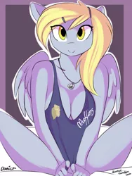 Size: 1037x1377 | Tagged: anthro, artist:daxhie, breasts, busty derpy hooves, clothes, derpibooru import, derpy hooves, dog tags, female, shirt, shirt pull, smiling, solo, solo female, suggestive, underp