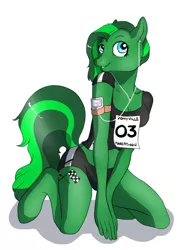 Size: 948x1280 | Tagged: suggestive, artist:lulubell, derpibooru import, oc, oc:jade aurora, unofficial characters only, anthro, earth pony, armband, breasts, cleavage, clothes, cute, female, hand, headphones, ipod, pose, runner, seductive, shorts, skimpy outfit, smiling, solo, solo female, tracksuit