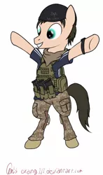 Size: 584x993 | Tagged: safe, artist:orang111, derpibooru import, oc, unofficial characters only, pony, airsoft, beanie, bipedal, clothes, hat, lbt 6094, ponysona, self portrait, solo