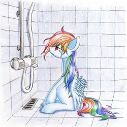 Size: 1024x1024 | Tagged: safe, artist:unousaya, derpibooru import, rainbow dash, pony, crying, female, mare, sad, shower, shower of angst, sitting, solo, traditional art, wet, wet mane