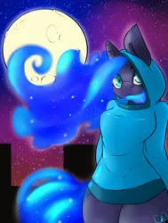 Size: 1891x2500 | Tagged: anthro, artist:cynux, clothes, derpibooru import, hoodie, moon, princess luna, safe, solo, space, stars