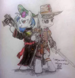 Size: 1024x1056 | Tagged: safe, artist:blueboxdave, derpibooru import, octavia melody, vinyl scratch, pony, bipedal, bolter, commissar, female, giant hat, hat, imperial guard, inquisition, inquisitor, lesbian, power sword, scratchtavia, shipping, traditional art, warhammer (game), warhammer 40k