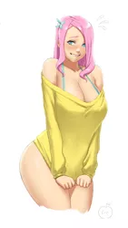 Size: 900x1599 | Tagged: suggestive, artist:lvl, artist:lvlapple, derpibooru import, fluttershy, human, 2014, adorasexy, ass, big breasts, blushing, bottomless, bra, bra strap, breasts, busty fluttershy, cleavage, clothes, covering, curvy, cute, embarrassed, embarrassed underwear exposure, female, flutterthighs, humanized, image, jpeg, lip bite, looking at you, off shoulder, paint tool sai, palindrome get, partial nudity, sexy, sideass, simple background, solo, solo female, stupid sexy fluttershy, sweater, sweatershy, underwear, white background