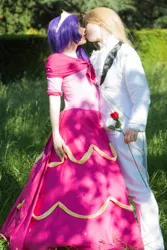 Size: 682x1024 | Tagged: artist:akechi mitsuhide, artist:gracia, clothes, convention, cosplay, crossplay, derpibooru import, dokomi, dress, female, gala dress, grand galloping gala, human, irl, irl human, kissing, lesbian, male, photo, prince blueblood, rariblood, rarity, safe, shipping, straight