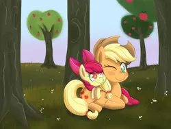 Size: 2000x1500 | Tagged: safe, artist:scarletts-fever, derpibooru import, apple bloom, applejack, earth pony, pony, apple, apple sisters, apple tree, cute, duo, duo female, female, food, image, one eye closed, orchard, png, prone, siblings, sisters, smiling, tree, wink