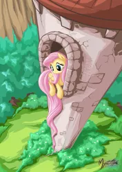 Size: 955x1351 | Tagged: safe, artist:mysticalpha, derpibooru import, fluttershy, pegasus, pony, bush, cliff, female, forest, impossibly long tail, long tail, mare, rapunzel, solo, tail extensions, tower, tree