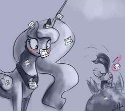 Size: 1280x1131 | Tagged: safe, artist:silfoe, derpibooru import, princess luna, twilight sparkle, twilight sparkle (alicorn), alicorn, pony, lunadoodle, adorkable, blushing, bush, crown, cute, dork, female, grayscale, hiding, jewelry, lesbian, magic, mare, monochrome, peytral, regalia, scrunchy face, shipping, sticky note, telekinesis, tumblr, twiluna, wavy mouth, wide eyes