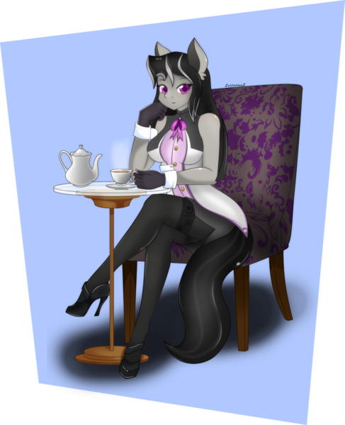 Size: 1831x2255 | Tagged: anthro, artist:zzvinniezz, breasts, busty octavia, chair, clothes, derpibooru import, female, gloves, high heels, octavia melody, pantyhose, safe, sexy, skirt, solo, stockings, stupid sexy octavia, table, tea, teacup, teapot, upskirt