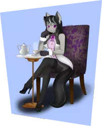 Size: 1831x2255 | Tagged: anthro, artist:zzvinniezz, breasts, busty octavia, chair, clothes, derpibooru import, female, gloves, high heels, octavia melody, pantyhose, safe, sexy, skirt, solo, stockings, stupid sexy octavia, table, tea, teacup, teapot, upskirt