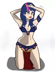 Size: 2975x3850 | Tagged: armlet, armpits, artist:wateris, belly button, belly dancer, bellyring, breasts, busty twilight sparkle, derpibooru import, eyeshadow, female, harem outfit, human, humanized, loincloth, makeup, piercing, solo, solo female, suggestive, twilight sparkle