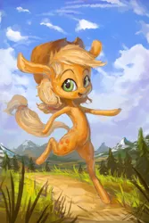Size: 600x900 | Tagged: safe, artist:assasinmonkey, derpibooru import, applejack, pony, bipedal, happy, long ears, running, solo, what has science done